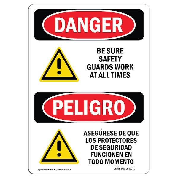 OSHA Sign, Sure Guards Work Bilingual, 5in X 3.5in Decal, 10PK, 3.5" W, 5" H, Spanish, PK10